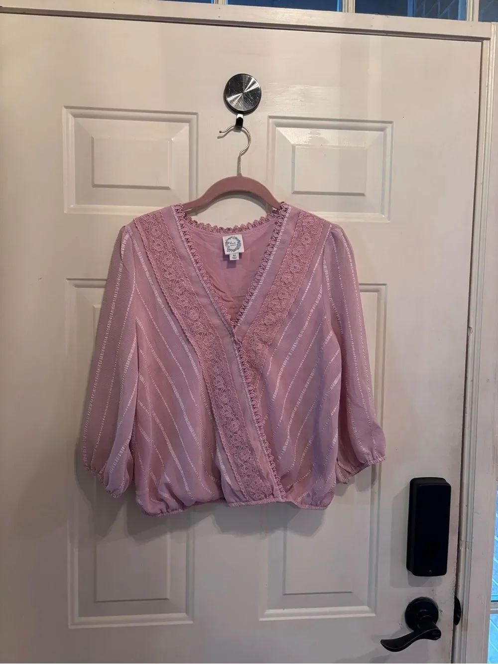 Anthropologie Blue Rain Mauve Lace-Trim Wrap Top - Picture 4 of 5